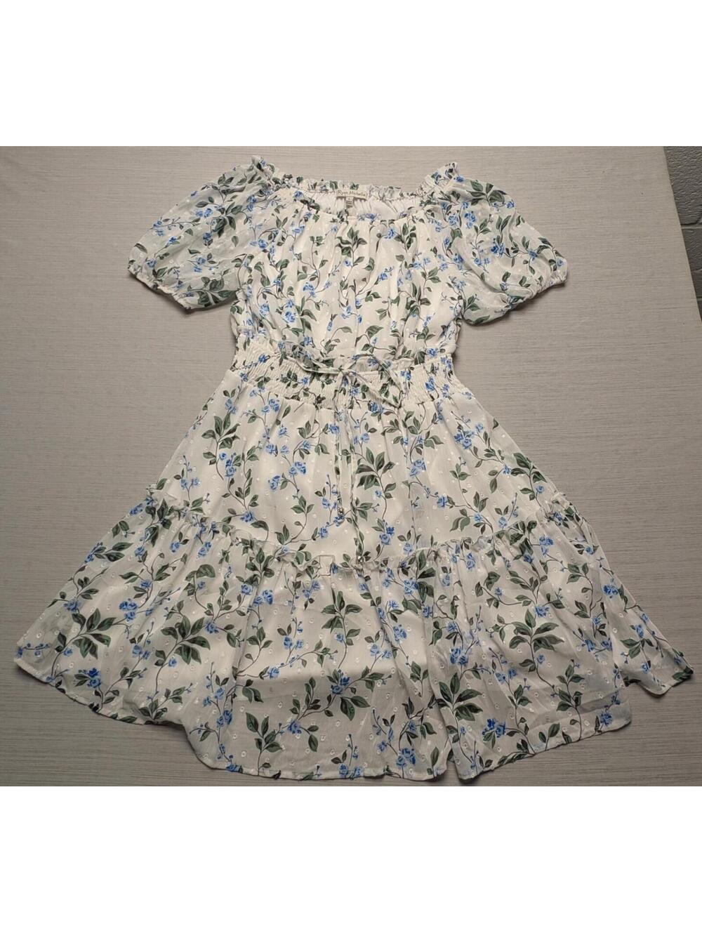 Ryan Michelle White Chiffon Floral Ruffled Dress Elastic Waist Off Shoulder L